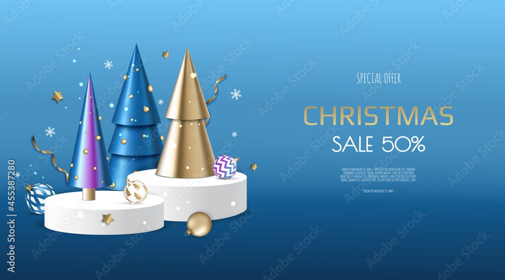 Christmas podium with snowflakes and christmas trees,xmas balls. Blank pedestal. Vector illustration.