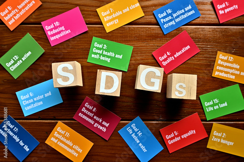 On a wood board, wooden word cubes are arranged in the letters SDGs. It is an abbreviation for Sustainable Development Goals. There is also a card with 17 goals on it.