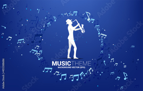 Vector template banner and poster music melody note dancing flow with man and saxophone . Concept background for jazz concert theme.
