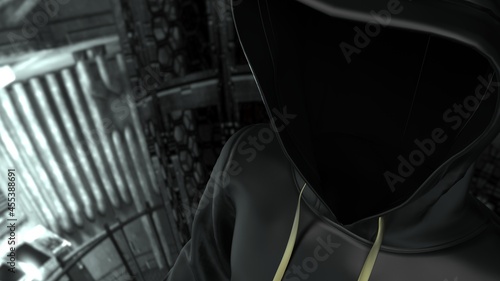 Anonymous hacker wearing a black hoodie with a golden string in shadow under spaceship inside background. Dangerous criminal concept image. 3D CG. 3D illustration. 3D high quality rendering.