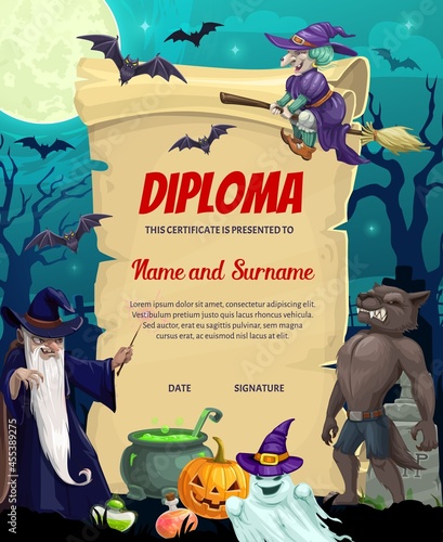 Kids diploma or achievement certificate with vector Halloween monsters. Education award scroll of school graduation or appreciation certificate with cartoon Halloween pumpkin, ghost and witch