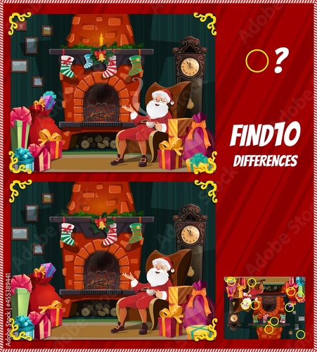 Kids game find ten differences with Santa Claus at fire place. Vector cartoon Christmas character in decorated room with gift boxes and xmas decor. Educational children riddle, task, leisure activity