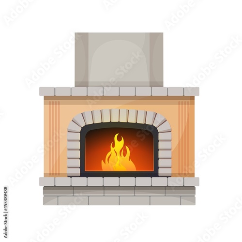 Fireplace or hearth, fire place with chimney and burning flames of wood, vector. Modern or classic old fireplace of brick, firewood stove or house oven for home fireside interior