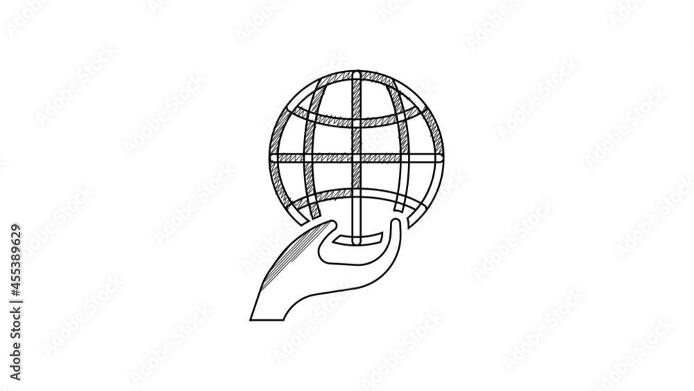 Black line Human hand holding Earth globe icon isolated on white background. Save earth concept. 4K Video motion graphic animation Black line Human hand holding Earth globe icon isolated on white background. Save earth concept. 4K Video motion graphic animation