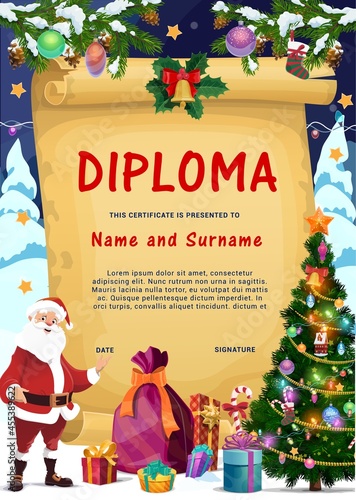 Christmas kid diploma with Santa Claus character, holiday gifts and decorated Christmas tree cartoon vector. Winter holidays certificate, child celebration diploma with greetings on old paper scroll