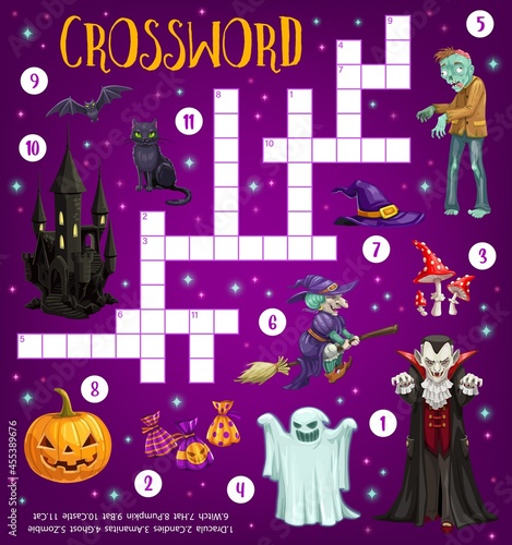 Halloween crossword grid puzzle game with cartoon witch, pumpkin, sweets and ghost, vampire and castle, cat characters. Kids educational riddle or children playing activity with Halloween monsters