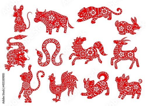 Chinese zodiac horoscope animals, red papercut characters, vector. China new year and lunar calendar zodiac signs of tiger, rat and horse, rabbit and pig with snake and monkey in Chinese paper cut