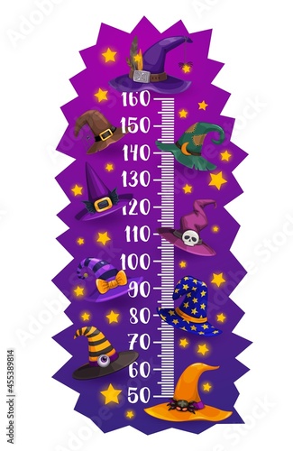 Kids height chart Halloween witch and wizard hats growth meter. Cartoon vector wall sticker design with funny magician caps. Children height measurement scale with sorceress or astrologer headwear