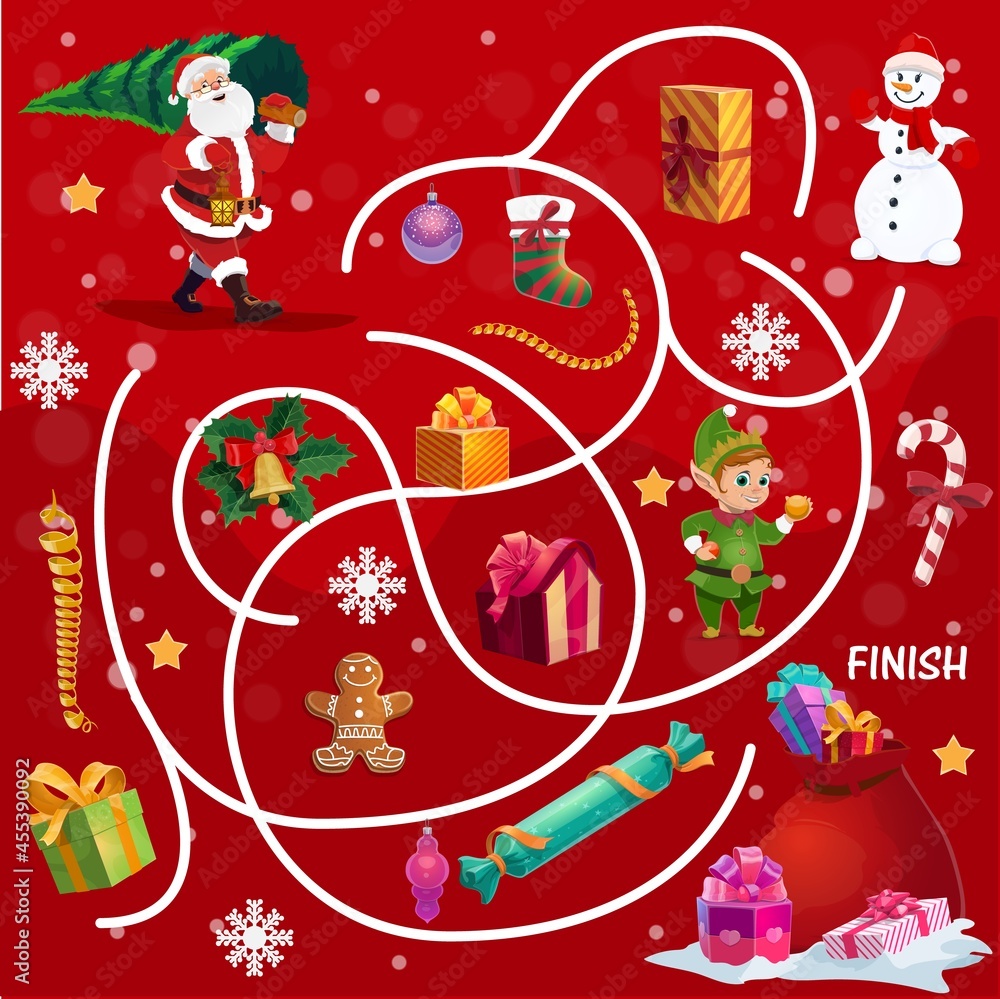 Fototapeta premium Child Christmas search way game or maze. Children find path activity, kids labyrinth game with Santa Claus carrying Christmas tree, elf and snowman, holiday gifts, sweets and snowflakes cartoon vector