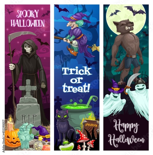 Happy Halloween banners with spooky monsters. Death grim reaper with scythe on cemetery, witch on broom and werewolf, ghosts, black cat and cauldron cartoon vector. Halloween trick or treat posters