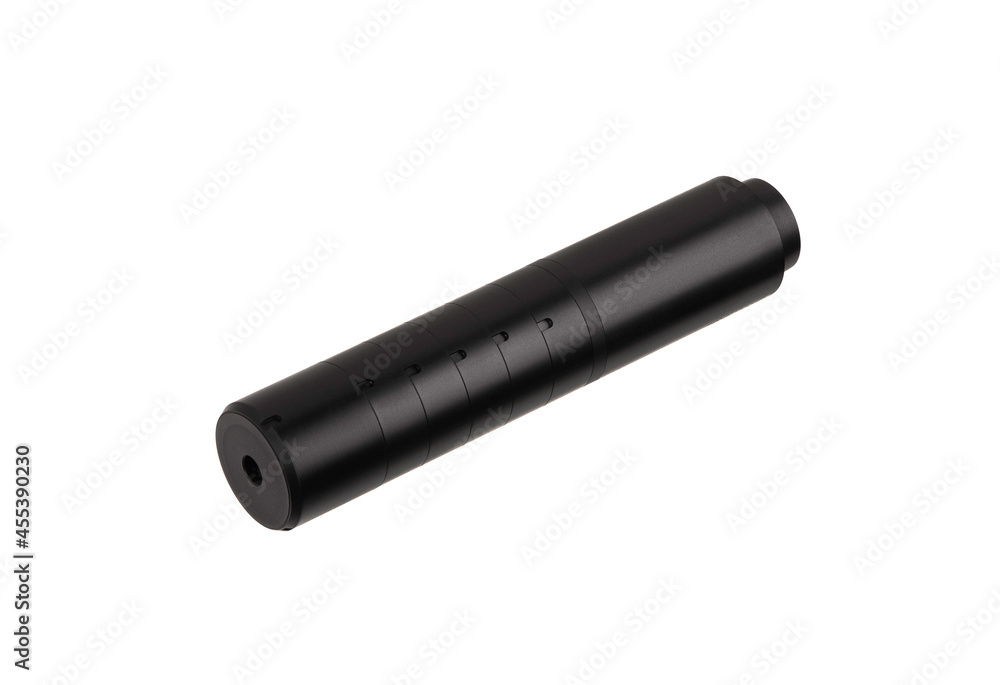 Black silencer for weapons. Suppressor that is at the end of an assault rifle. Black silencer for weapons. Suppressor that is at the end of an assault rifle.