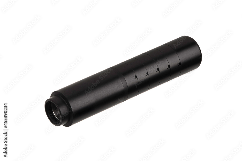 Black silencer for weapons. Suppressor that is at the end of an assault rifle. Black silencer for weapons. Suppressor that is at the end of an assault rifle.
