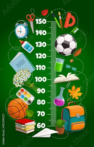 Kids height chart ruler, growth meter with schoolbag, book, sport balls and education stationery. Vector wall sticker for children height measurement with cartoon student stuff and stadiometer scale