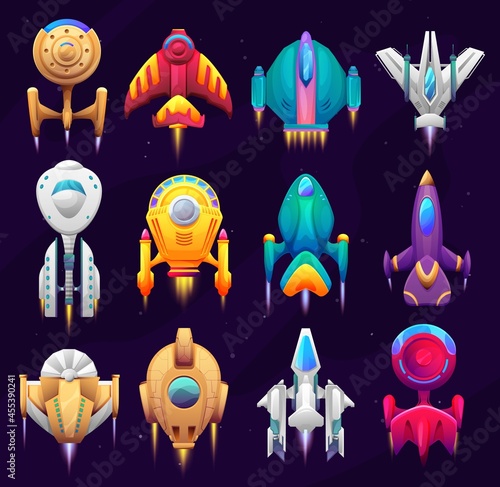 Fototapeta Naklejka Na Ścianę i Meble -  Cartoon galaxy space starships, game asset. Vector spacecraft rockets, space craft ships, fantasy vehicles with jet engine, portholes and wings for travel in outer space. Futuristic shuttles top view