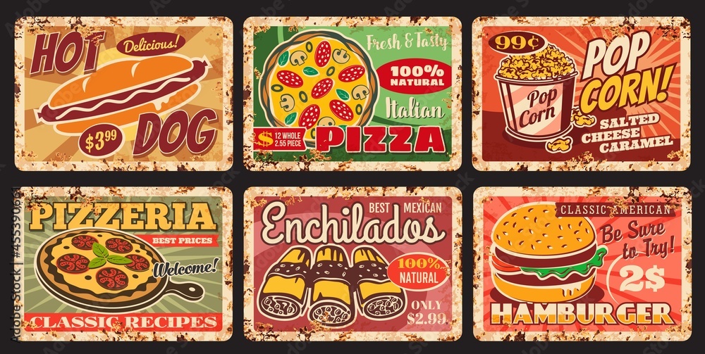 Fast and street food vintage rusty plates. Street restaurant or fast food cafe meals vector tin signs, grungy plates or dishes retro price tags with hot dog, pizza and popcorn, enchiladas, hamburger