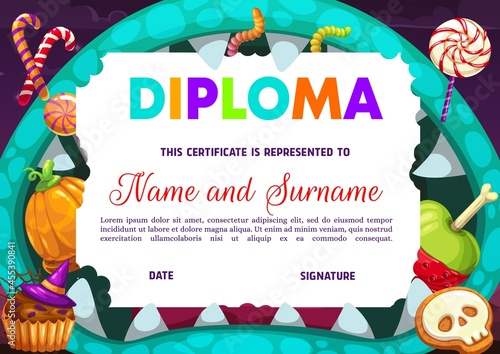 Kids kindergarten diploma with Halloween treats. Candy cane, lollipop and muffin, apple, cookies and jelly worms cartoon vector. Children education achievement diploma, child victory certificate
