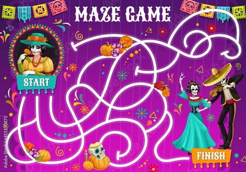 Labyrinth maze riddle. Dia de los muertos holiday characters. Kids pathfinder vector puzzle game with mexican woman and man skeletons dancing, playing on violin, marigold flowers, skulls and garlands