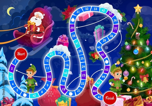 Children Christmas board game with Santa and elfs. Kids playing activity, child winter holidays roll and move boardgame with Santa Claus flying in sleigh, gifts and Christmas tree cartoon vector