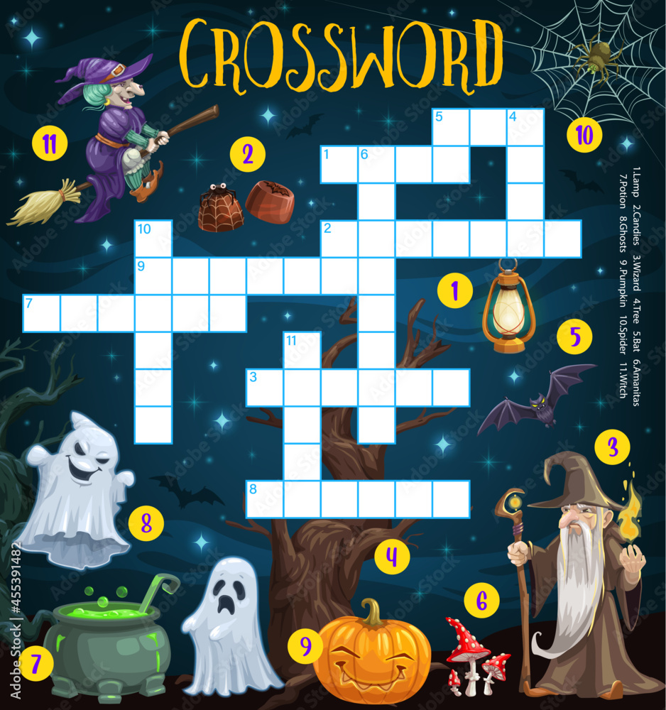 Happy halloween crossword grid puzzle with cartoon sorcerer, witch and