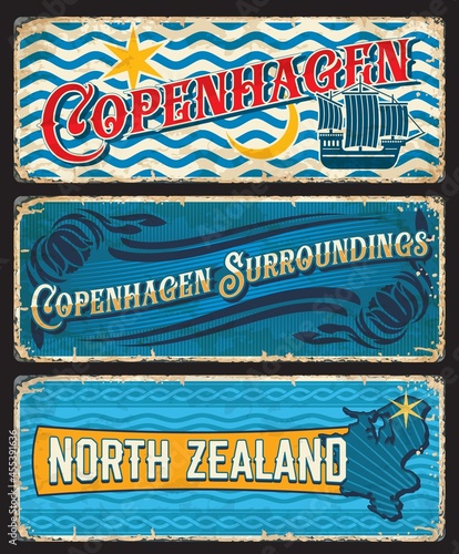 Copenhagen surroundings, North Zealand Denmark plates. Danish capital city and touristic area vintage banners or tin sign, grunge travel stickers with Coat of Arms and flag symbols, territory map
