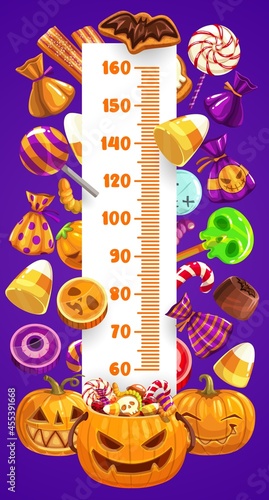 Halloween kids height chart, trick or treat sweets and pumpkins. Cartoon growth meter vector wall sticker design with funny jack-o-lantern characters. Children height measurement scale with pumpkins