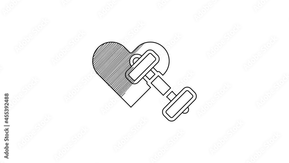 Black line Dumbbell with heart icon isolated on white background. Muscle lifting, fitness barbell, sports equipment. 4K Video motion graphic animation Black line Dumbbell with heart icon isolated on white background. Muscle lifting, fitness barbell, sports equipment. 4K Video motion graphic animation