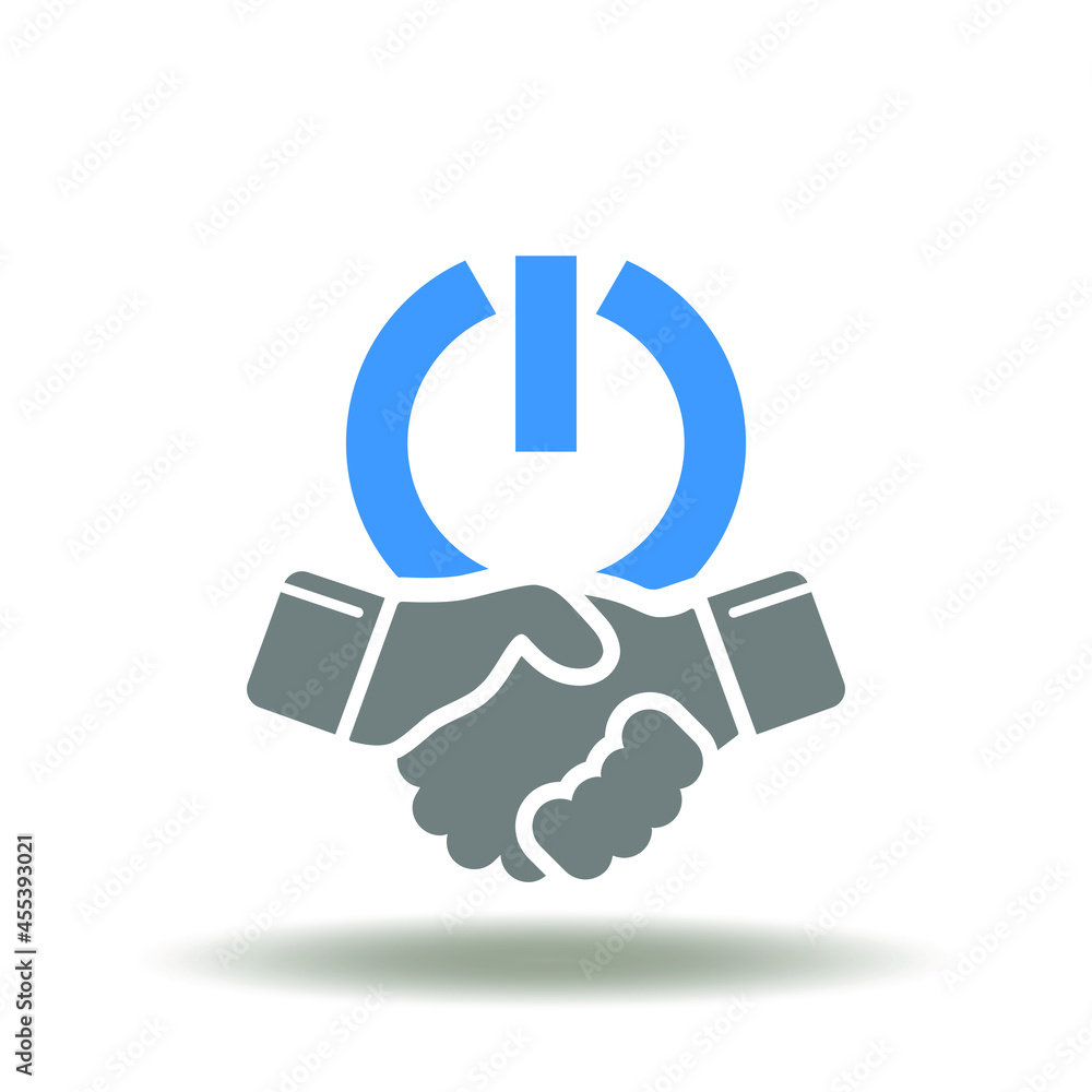 Handshake with power button vector illustration. M&A Mergers and Acquisitions Business Symbol. Successful deal icon. Partnership start sign. Handshake with power button vector illustration. M&A Mergers and Acquisitions Business Symbol. Successful deal icon. Partnership start sign.