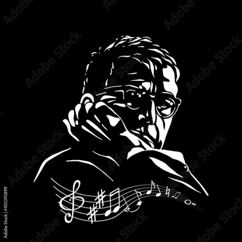 Vector portrait of a man similar to the Russian Soviet composer. Face and hand on a black background. Treble clef, sheet music, score. One of the greatest composers of the 20th century.