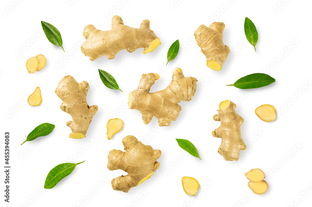 Fresh ginger and sliced isolated on white background. top view Fresh ginger and sliced isolated on white background. top view