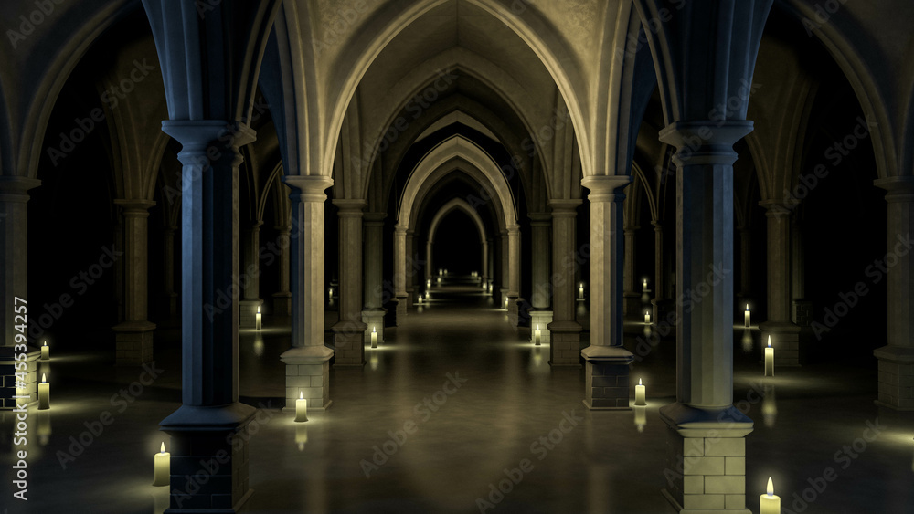 Medieval church at night. Endless corridor with candles. 3d rendering.