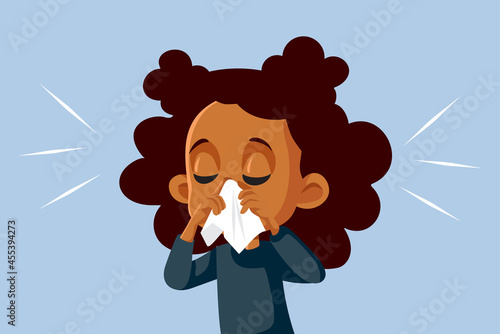 Girl with Runny Nose Feeling Unwell Vector Cartoon