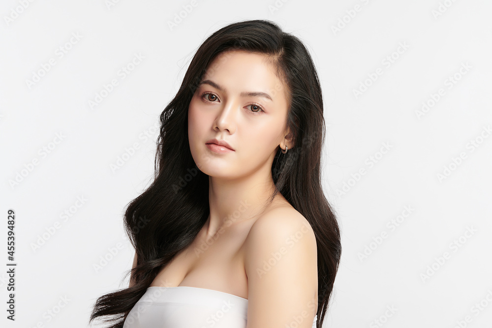 Beautiful young asian woman with clean fresh skin on white background, Face care, Facial treatment, Cosmetology, beauty and spa, Asian women portrait.