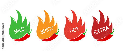 Spicy levels chili pepper icon. Mild, spicy, hot, extra sauce. Vector illustration