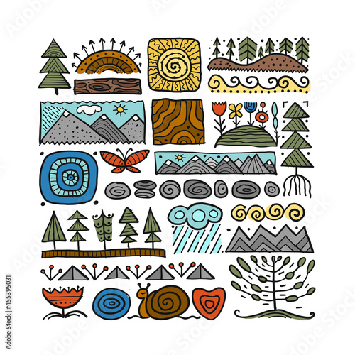 Abstract Nature Frame for your design. Forest and Mountain icons. Ethnic style