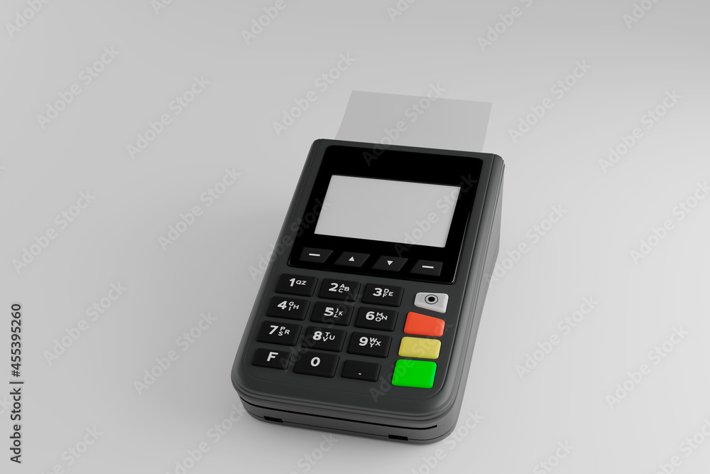 Card and smarts device contactless payment terminal isolated in white with copy space. 3d render illustration. Card and smarts device contactless payment terminal isolated in white with copy space. 3d render illustration.