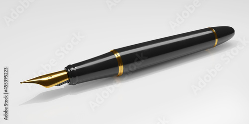 Uncovered fountain pen isolated in white background with copy space. 3d render illustration banner.