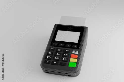 Card and smarts device contactless payment terminal isolated in white with copy space. 3d render illustration.