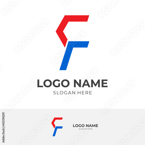 letter F logo design with flat red and blue color style