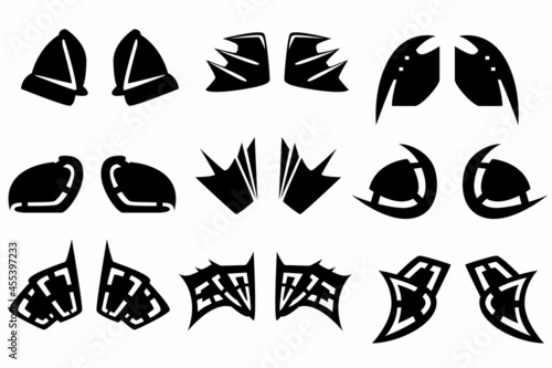 A set of nine silhouettes of the elements of the armor on the shoulders for games, web sites, design and more.