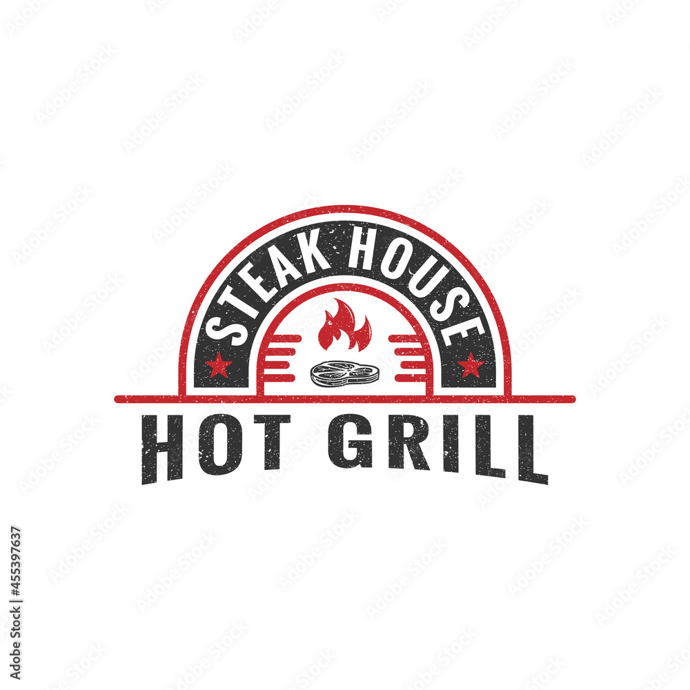 Hot Grill Steak house rustic logo emblem, Vintage Retro barbecue Grill vector illustration symbol