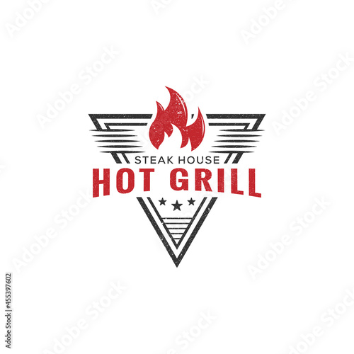 Hot Grill barbecue logo design vector, steak house restaurant sign symbol with vintage rustic style