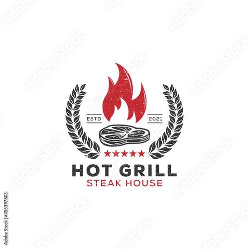 Hot grill steak house vintage logo designs, meat grill restaurant rustic vector illustration