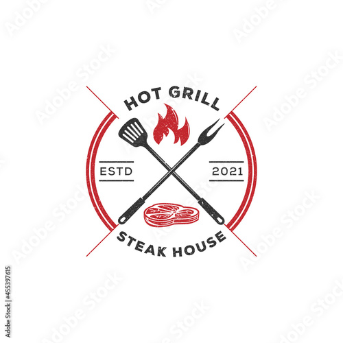 Steak house rustic logo emblem, Vintage Retro Countryside BBQ Grill vector illustration symbol