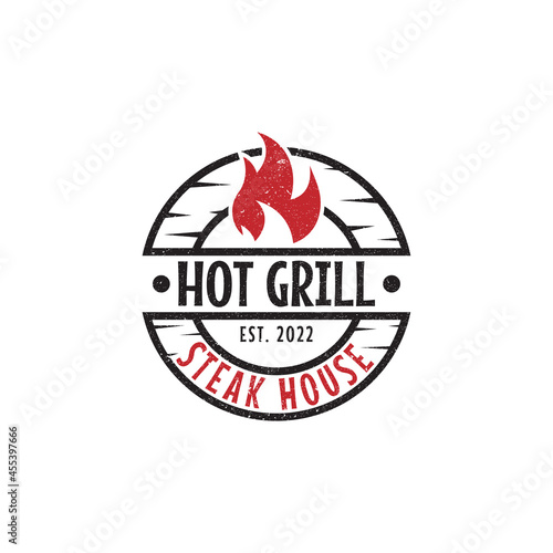 Rustic Hot grill steak house logo design, bar and grill vector illustration, best for food restaurant sign symbol