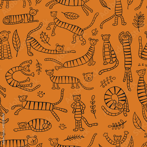 Collection of tigers and tropical leaves. Seamless Pattern for your design