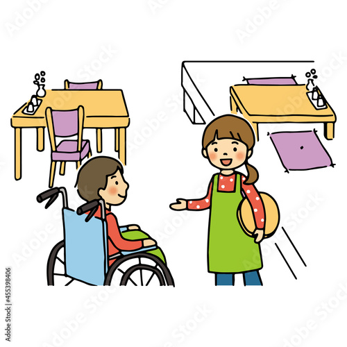 車椅子の人に席の希望を聞く店員のイラスト