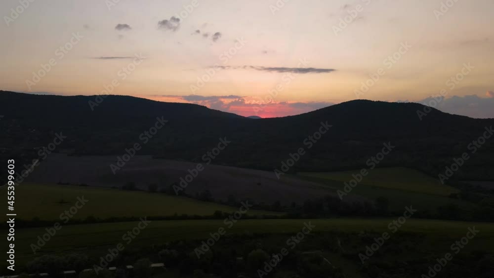 Panning shot of delightful dawn in Pilis mountains. Aerial view Panning shot of delightful dawn in Pilis mountains. Aerial view