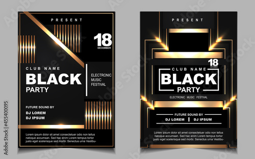 Cover music poster flyer design template background with layout gold glitters color on dark style. Light electro vector for event festival concert, dancing, disco, night club invitation