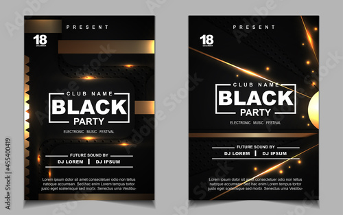 Cover music poster flyer design template background with layout gold glitters color on dark style. Light electro vector for event festival concert, dancing, disco, night club invitation