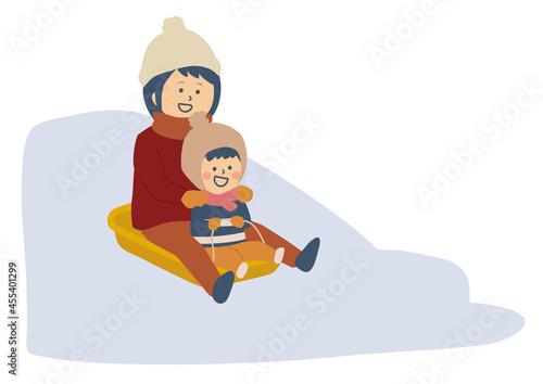 そりで遊ぶ親子のイラスト